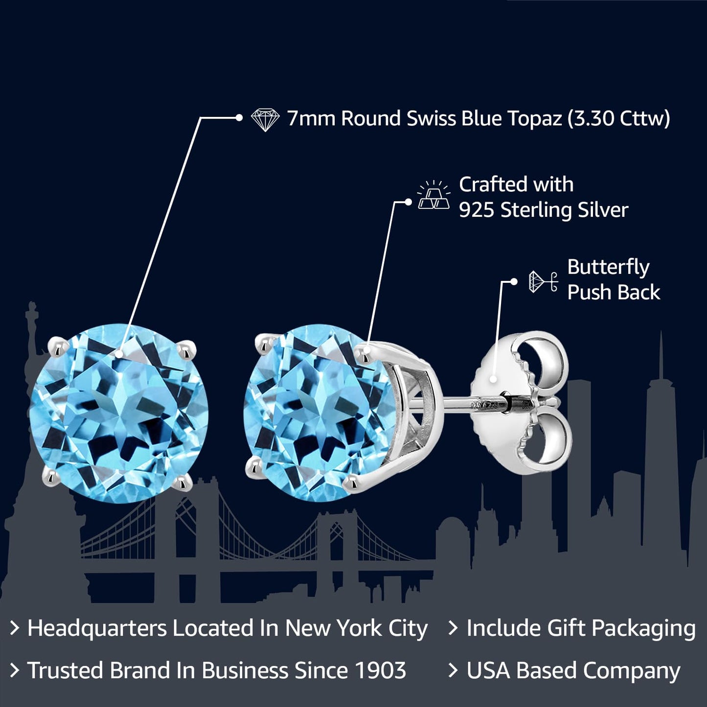 Gem Stone King 2-4 Cttw Round Gemstone Birthstone Stud Earrings For Women Men | 925 Sterling Silver | Round 7MM | Fine Jewelry Gifts for Women Her Mom Wife Men | Swiss Blue Topaz-November