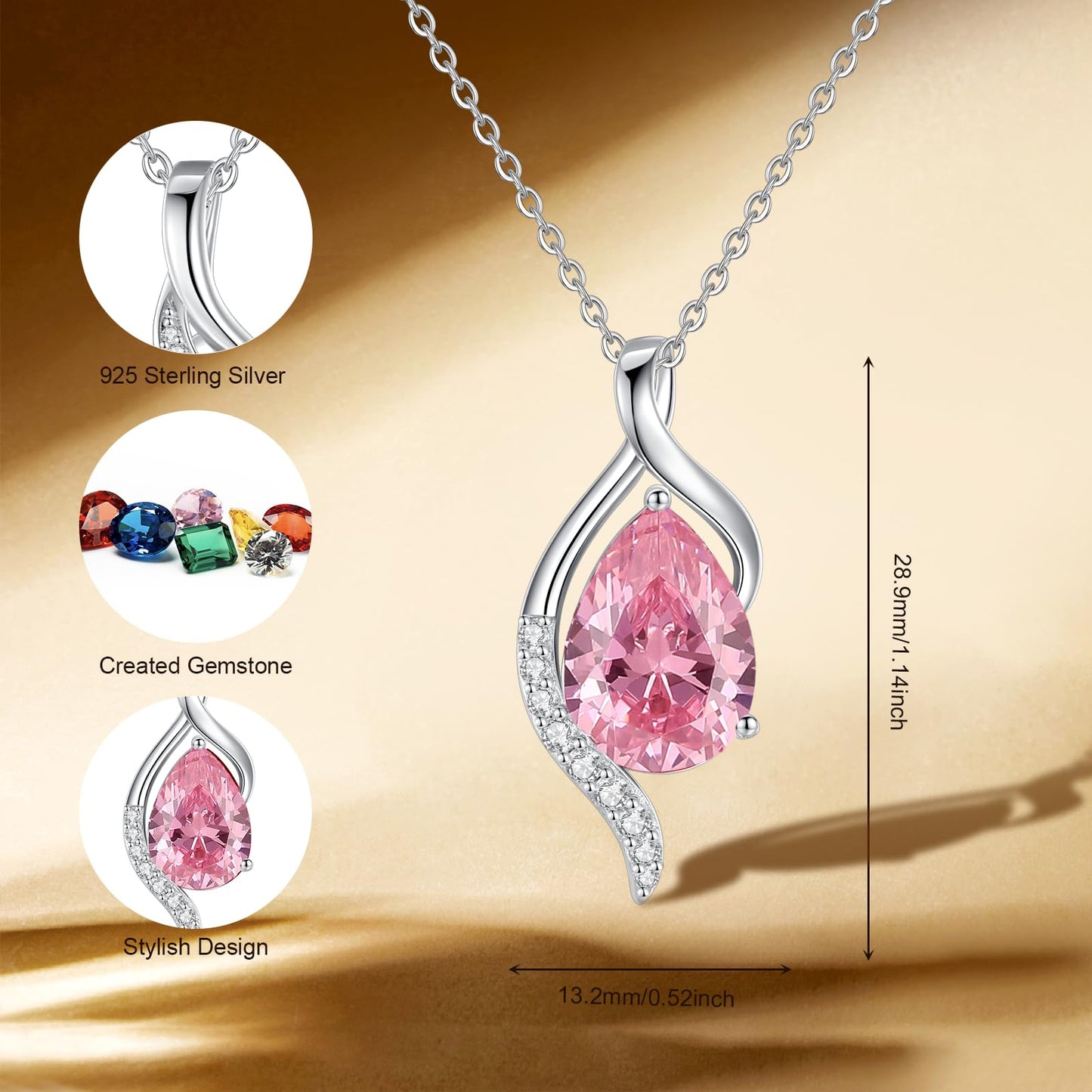 FANCIME October Birthstone Necklace for Women Teardrop Pink Tourmaline Necklace S925 Sterling Silver Gentle Love Birthday Gifts for Mom Women, 16"+2" Inches