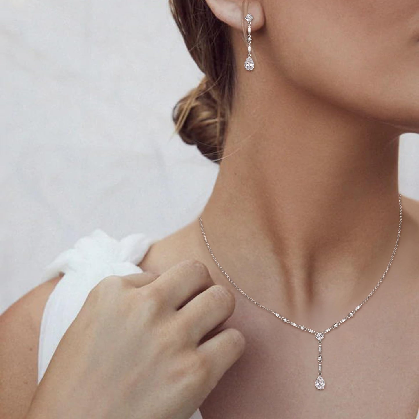 EVER FAITH White Cubic Zirconia Bridal Jewelry Set Elegant Rhombic April Birthstone Teardrop Wedding Prom Choker Necklace Dangle Earrings Sets for Women