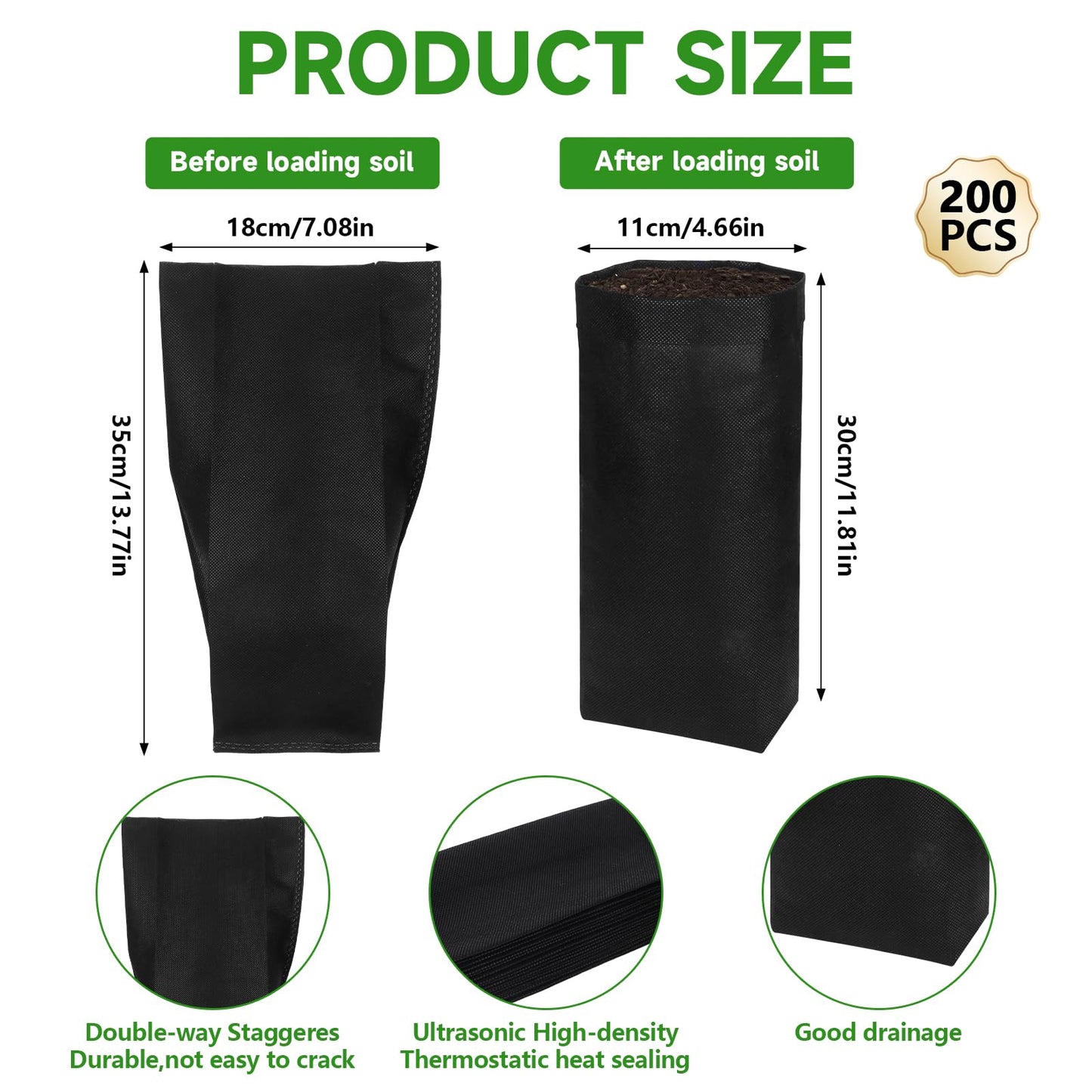 200PCS Nursery Bags 13.5" H Plant Grow Bags Black Biodegradable Non-Woven Fabric Grow Bags Breathable Fabric Pots Heavy Duty Cloth Pots for Vegetable Flower Seed Starting Plant Grow Soil Transplant