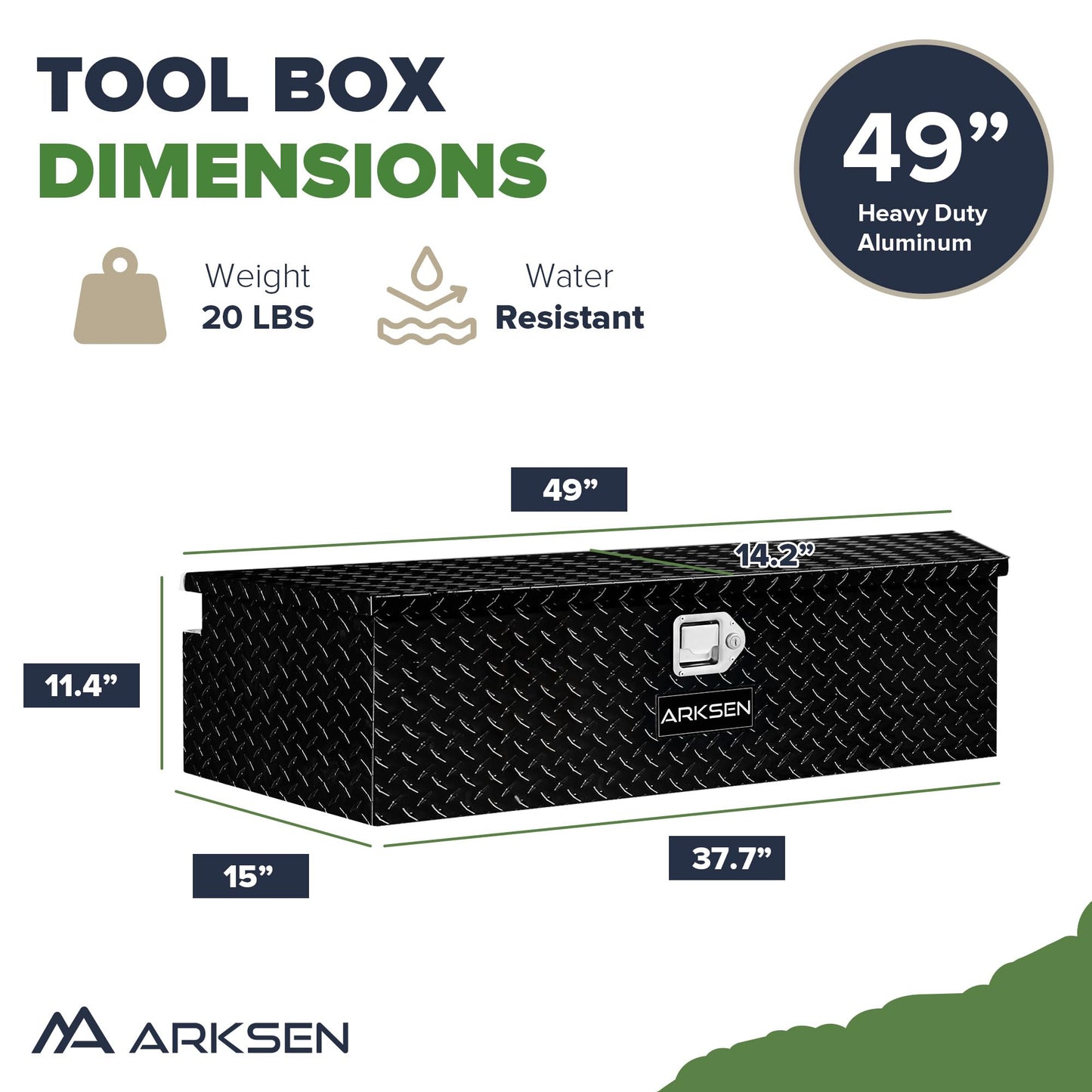 ARKSEN 49 Inch Aluminum Diamond Plate Trailer Tongue Box, Waterproof Under Truck Tool Box for Pick Up Truck Bed, RV Trailer, ATV with Lock and Keys - Black