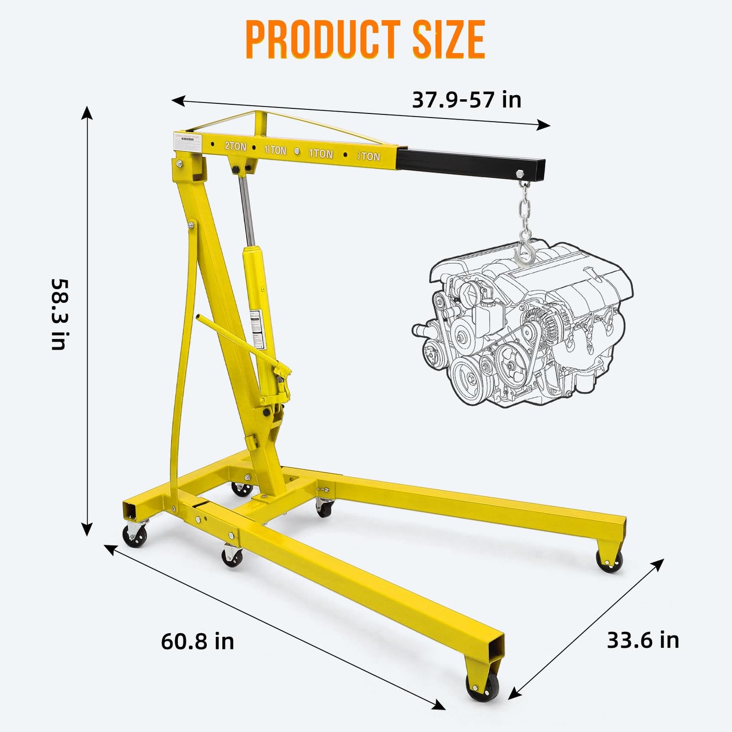 2 T Engine Hoist, 4000 LBS Heavy Duty Folding Cherry Picker Engine Lift Hydraulic Tilting Engine Shop Crane with 6 Iron Caster Wheels Telescopic Boom Hitch,Yellow