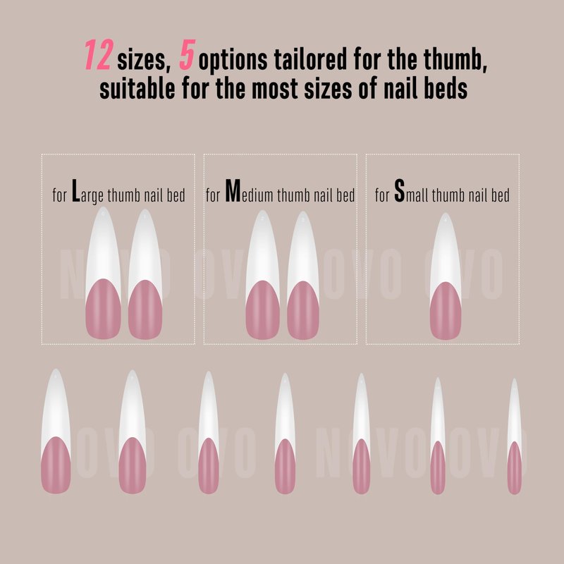NOVO OVO Halloween XXL Curved Stiletto Almond French Tip Nail Tips, Soft Gel Extra Thick Long Acrylic Hawk Curve Fake Extension, Need Builder Gel & Top Coat, Full Cover Press on DIY 12 Sizes 240 pcs