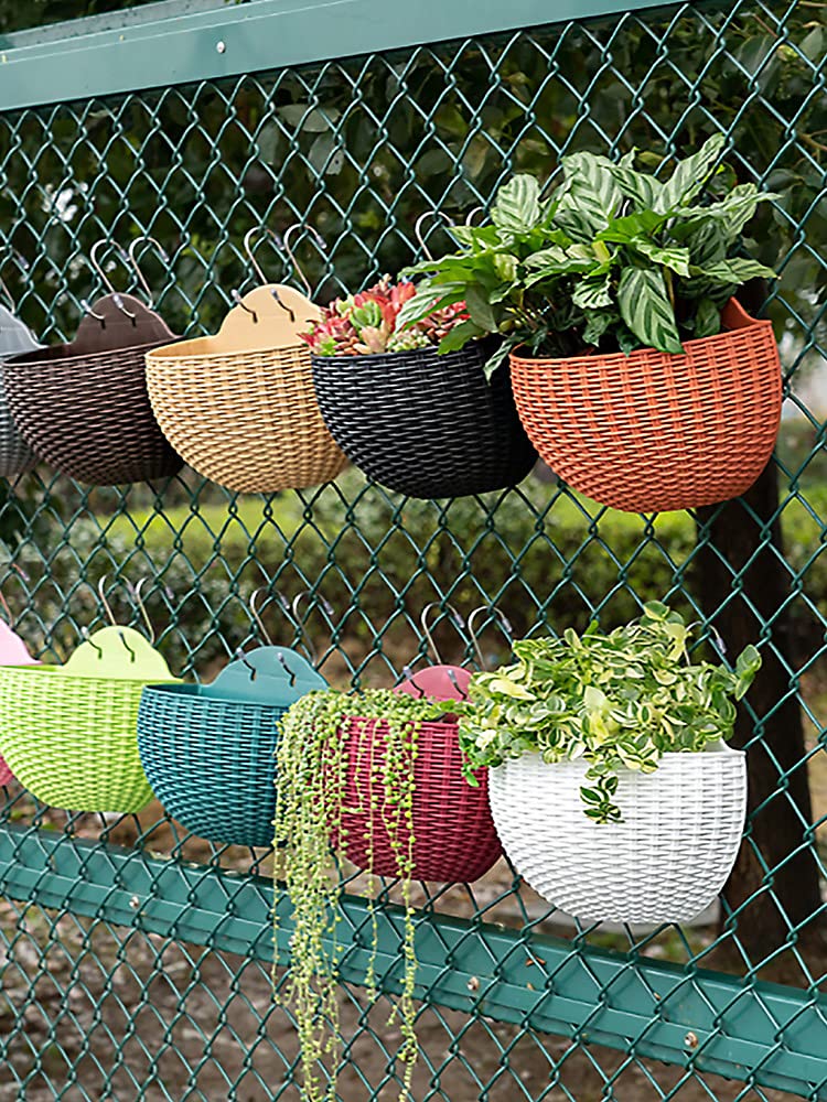 Hanging Planter Pot, Wall and Railing Hanging Planters with S Hooks, Half Round Imitation Rattan European Style Wall Flowerpot Rustic Decorative Flower Basket for Home Balcony Garden(#26*20.5cm Khaki)