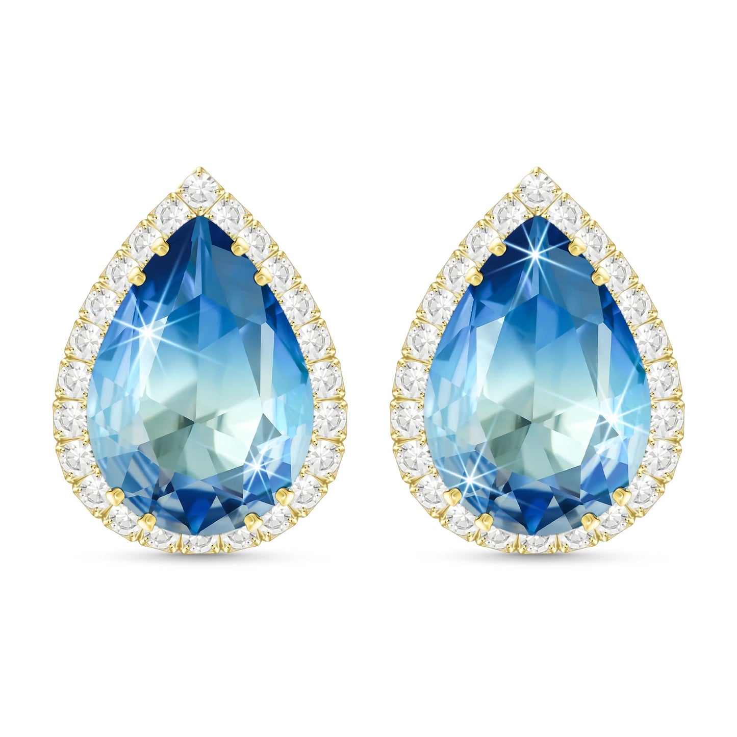 Linawe Aquamarine Blue Stud Earrings for Women Trendy, 14K Gold Cubic Zirconia Earrings Studs, Imitation Diamond Rhinestone Crystal Iridescent Cute Earrings Piercing Jewelry Set