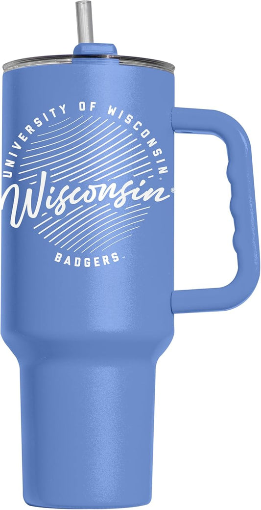 Logo Brands NCAA Wisconsin Badgers Retro Script Arctic 40 oz Tumbler with Handle - Stylish Everyday Use Powder Coated-Stainless Steel with Straw- Keeps Cold For Hours