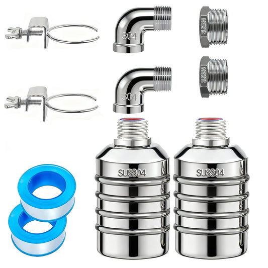 2-Pack NPT 1/2" Float Valve, Leak-Proof 304 Stainless Steel Automatic Water Level Control Float Valve with 1/2" 3/4" Premium 304 SS Connections for Water Trough Fish Tank Pool Livestock