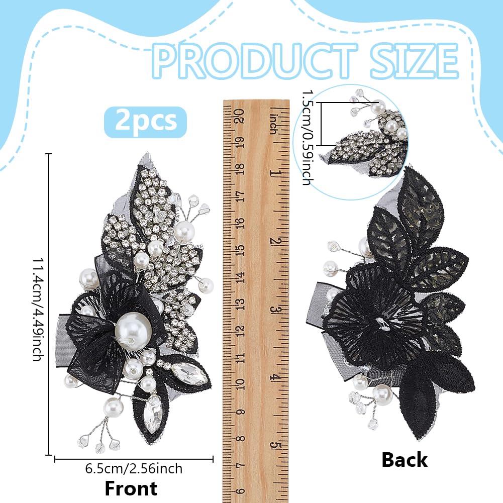 FINGERINSPIRE 1 Pair 4.4x2.5x0.5inch White Pearl Beaded Applique Rhinestone Flower Patch DIY Crafts Wedding Dress Embellishment for Bridal Hair Comb Decoration Black Floral Sew On Decoration