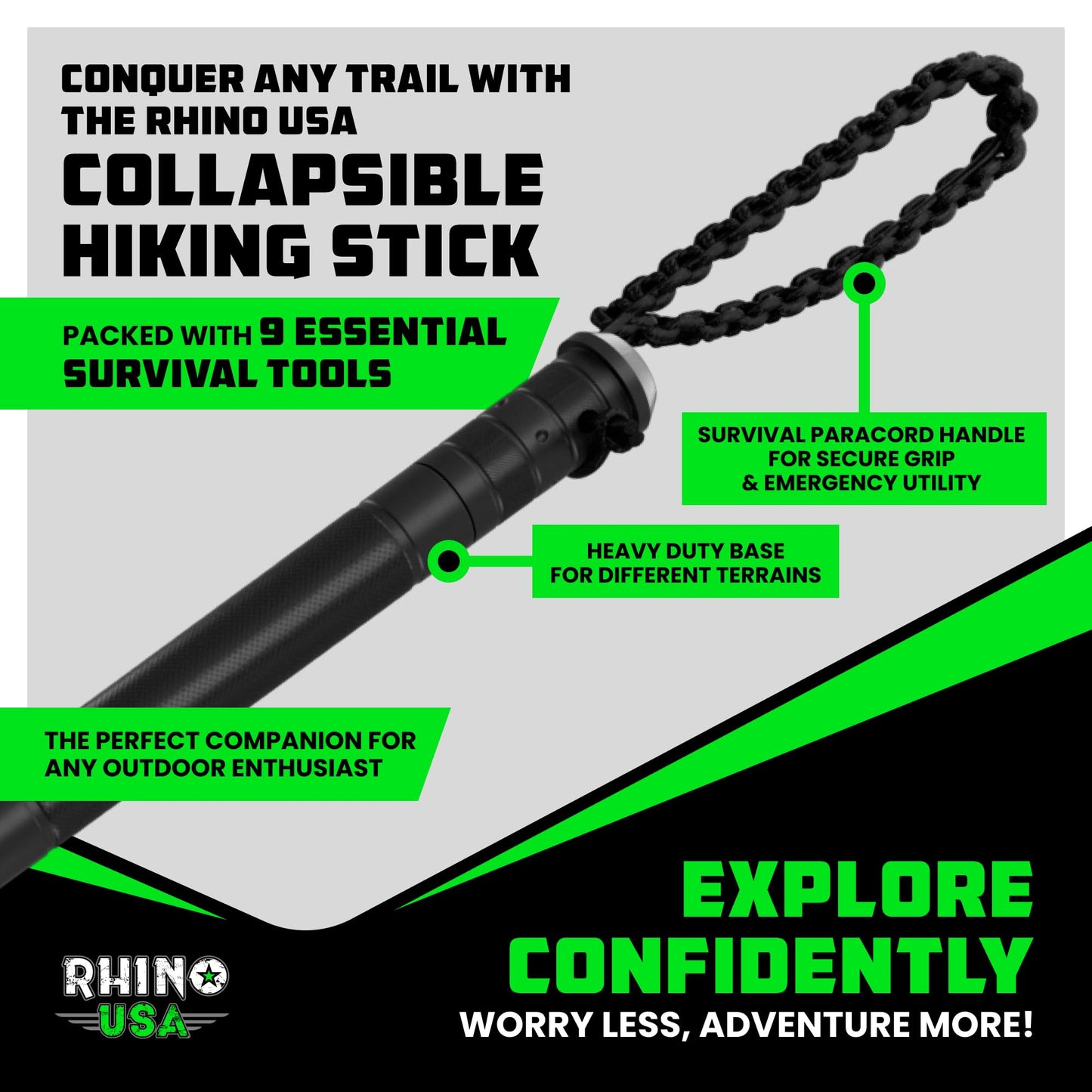 Rhino USA Tactical Hiking Stick with Integrated Survival Kit – Essential Camping Gear for Hiking & Trekking – Durable Tactical Gear for Outdoor Adventures