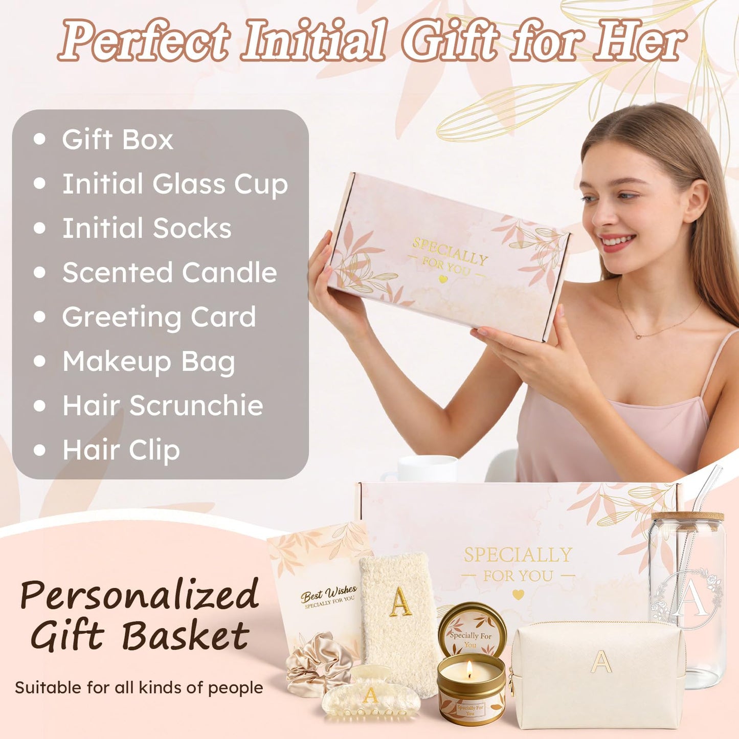 A-Z Personalized Gifts for Women - Initial Cute Hair Clips + Glass Cups w/Lids Straws, Makeup Bag Monogrammed Gift for Women，Unique Ideas Birthday Gift for Her, Christmas & Bridesmaid Gifts, A