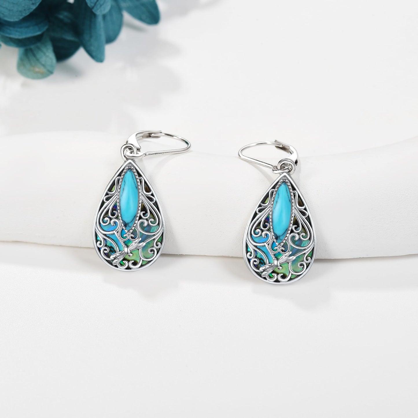 Dragonfly Filigree Earrings Sterling Silver Teardrop Turquoise Filigree Leverback Earrings Gifts For Women Jewelry