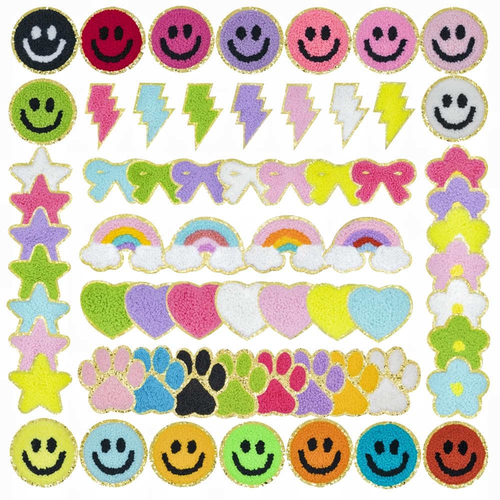 63 Pcs Chenille Iron on Patch for Girls,Cute Rainbow Heart Star Flower Paw Applique Patches with Gold Glitter Border,DIY Decoration Repair Kit for Jeans,Clothes,T-Shirt,Backpacks,Vest,Dress
