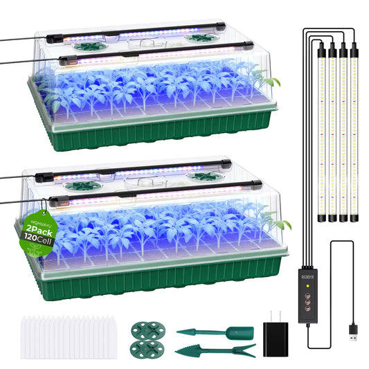 120 Cells Seed Starter Tray with Grow Light, Smart Timer， Seedling Starter Kit with Humidtiy Dome, 3/6/12H Timer，Germination Kit For all plants including cucumbers, tomatoes etc.Plant Seed（2Pack ）
