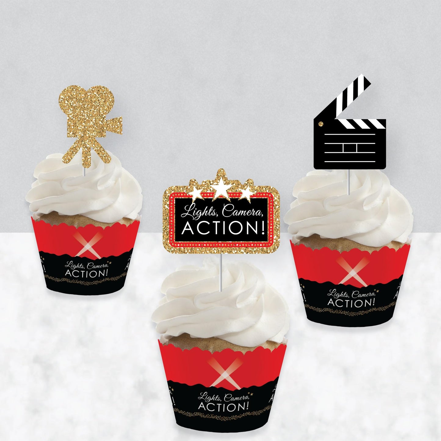 Big Dot of Happiness Red Carpet - Cupcake Decoration - Movie Night Party Cupcake Wrappers and Treat Picks Kit - Set of 24