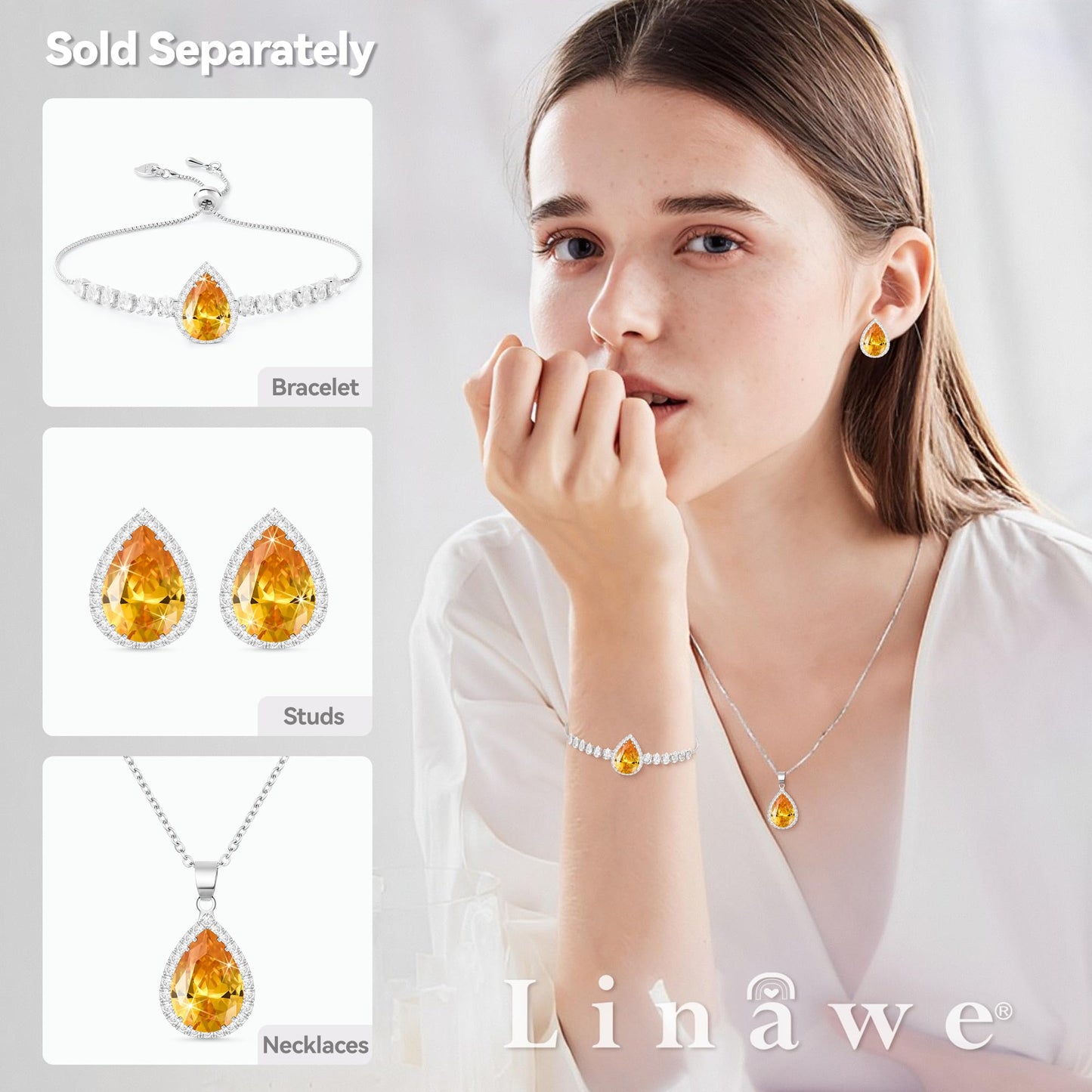 Linawe Yellow Orange Imitation Diamond Stud Earrings, Silver Citrine Cubic Zirconia Teardrop Rhinestone Crystal Earrings Studs, Wedding Earring Set White Gold Piercing Jewelry