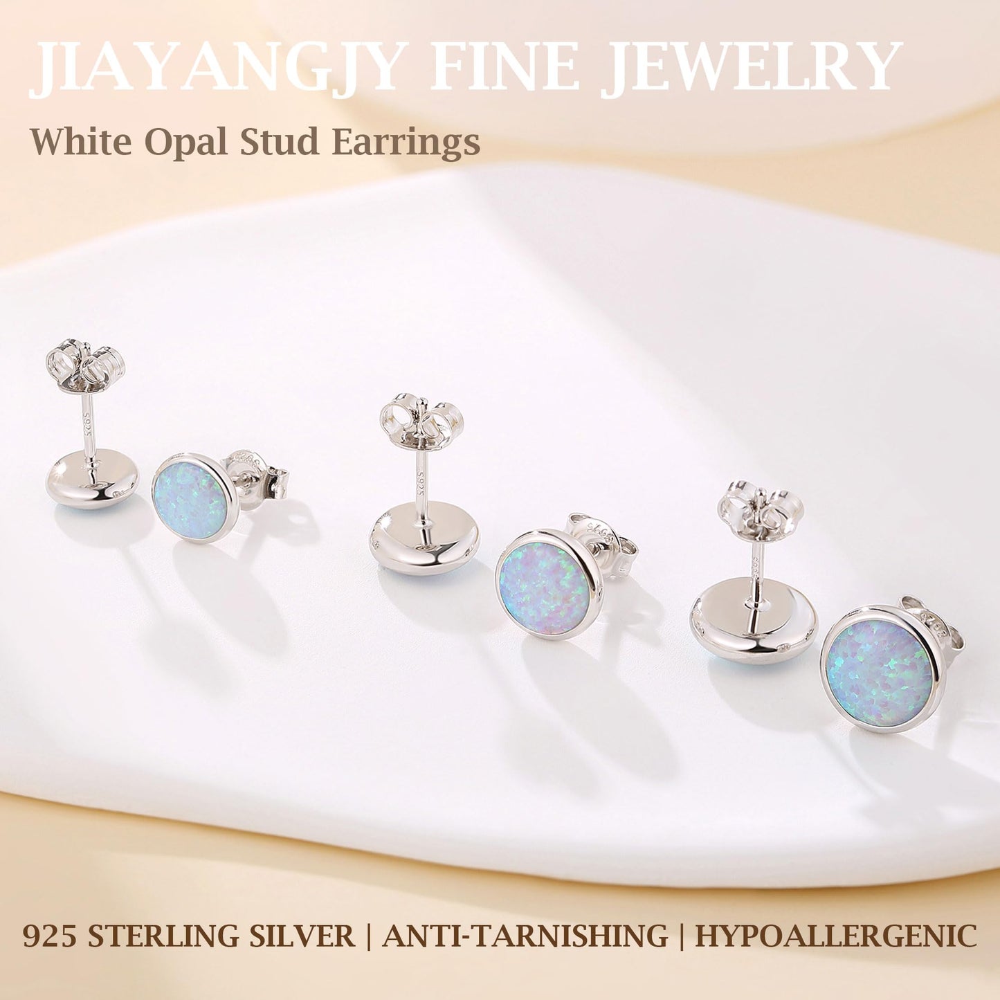 JiayangJY Silver Whie Fire Opal Stud Earrings for Women Sterling Silver Round Shape 6mm Opal Earrings with Push Back