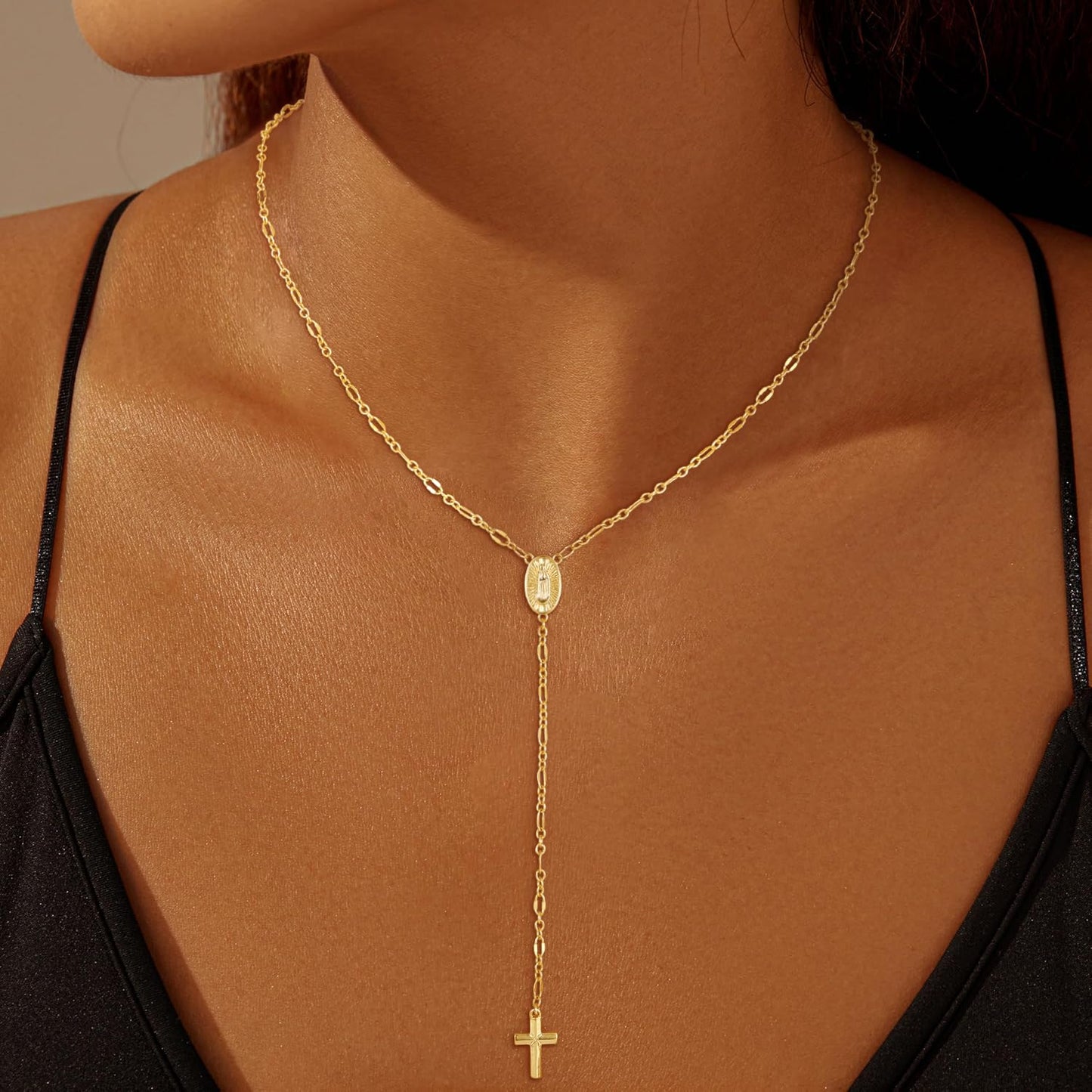 CHESKY 14K Gold Plated Long Necklace for Women Y Shaped Necklace Rosary Cross Drop Pendant Necklace Dainty Trendy Christian Jewelry