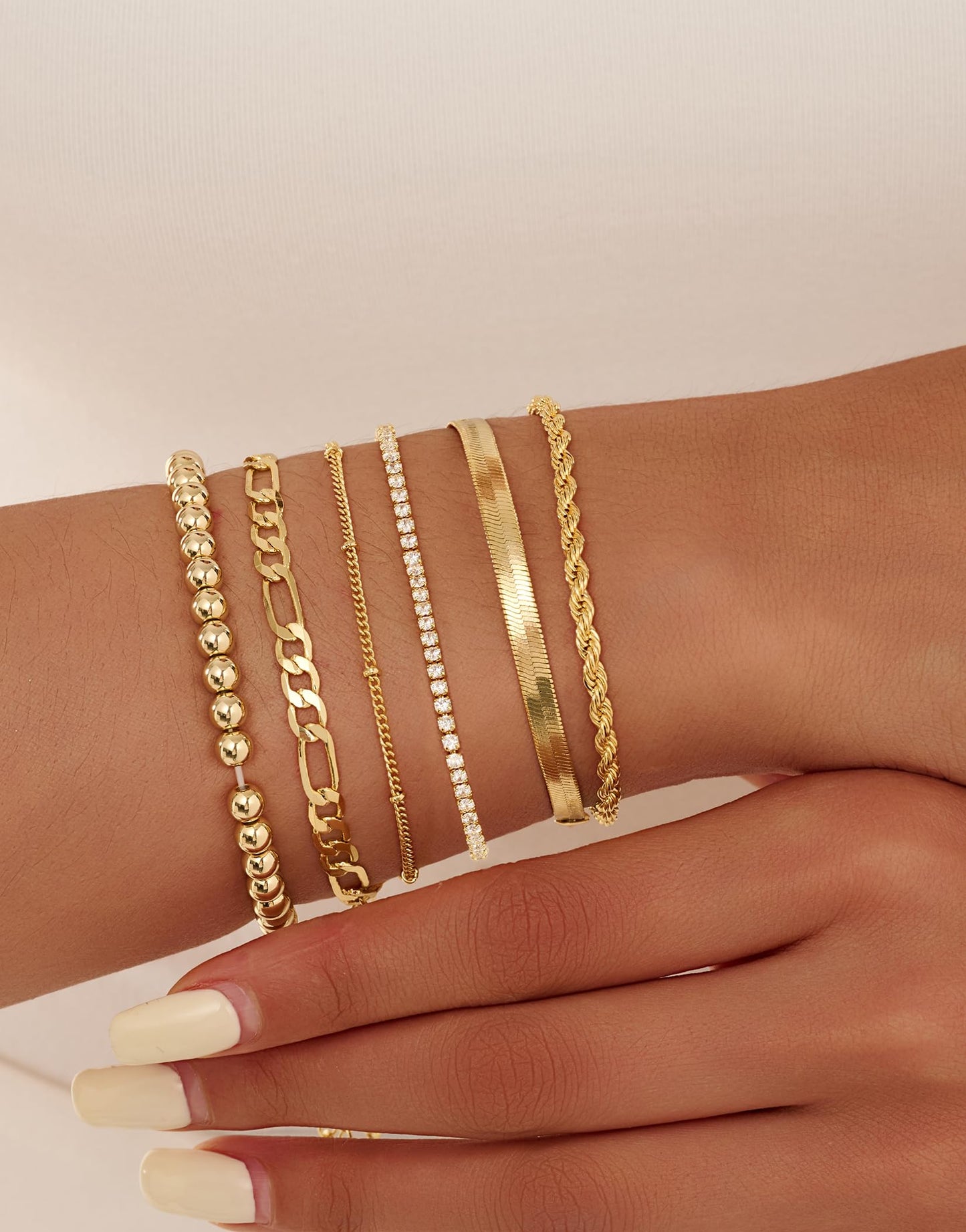Gold Bracelets for Women 14K Gold Plated Stack Trend Bracelets Charm Paperclip Chain Cuban Link Layered Waterproof Bracelet Dainty Bracelet for Women Jewelry Gifts (6Pcs Beaded Gold)