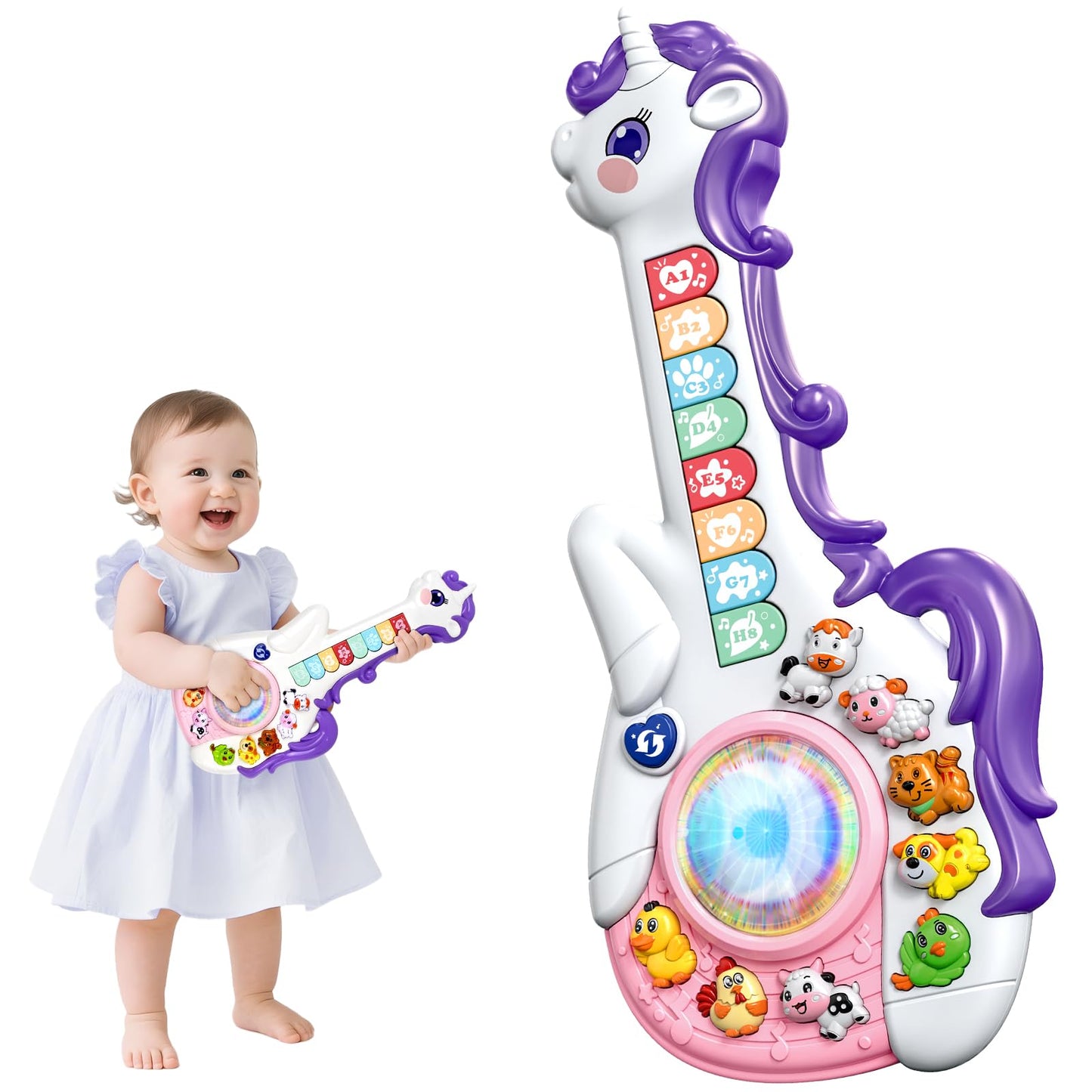 Marstone Toys for 1 Year Old Girl Birthday Gifts: Baby Musical Unicorn Toys 12-18 Months, Educational Cartoon Guitar for Toddlers 1-2, Infant Interactive Learning Present for 1st First Christmas, Xmas