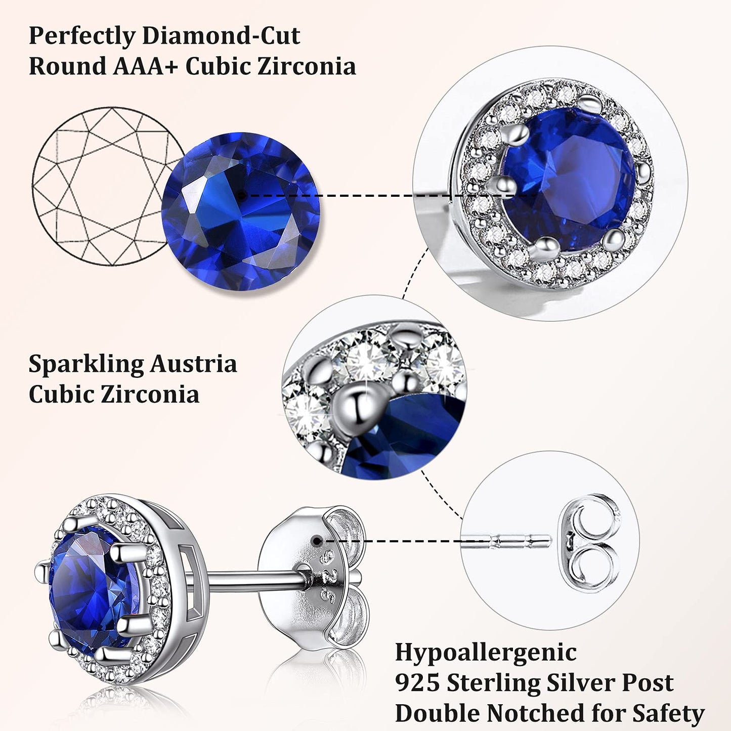 Bestyle Adorable September Sapphire Birthstone Stud Earrings 925 Sterling Silver CZ Round Gemstone Studs Earrings Great Birthday Gift for Wife/Mom/Grandma