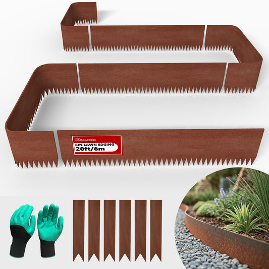 20ft. 6-Pack Cor-Ten Steel Landscape Edging - 40" L x 8" H Lawn Edging with 6 Stakes, Hammer-in Metal Garden Border for Landscaping, Lawn & Yard (Rusted)