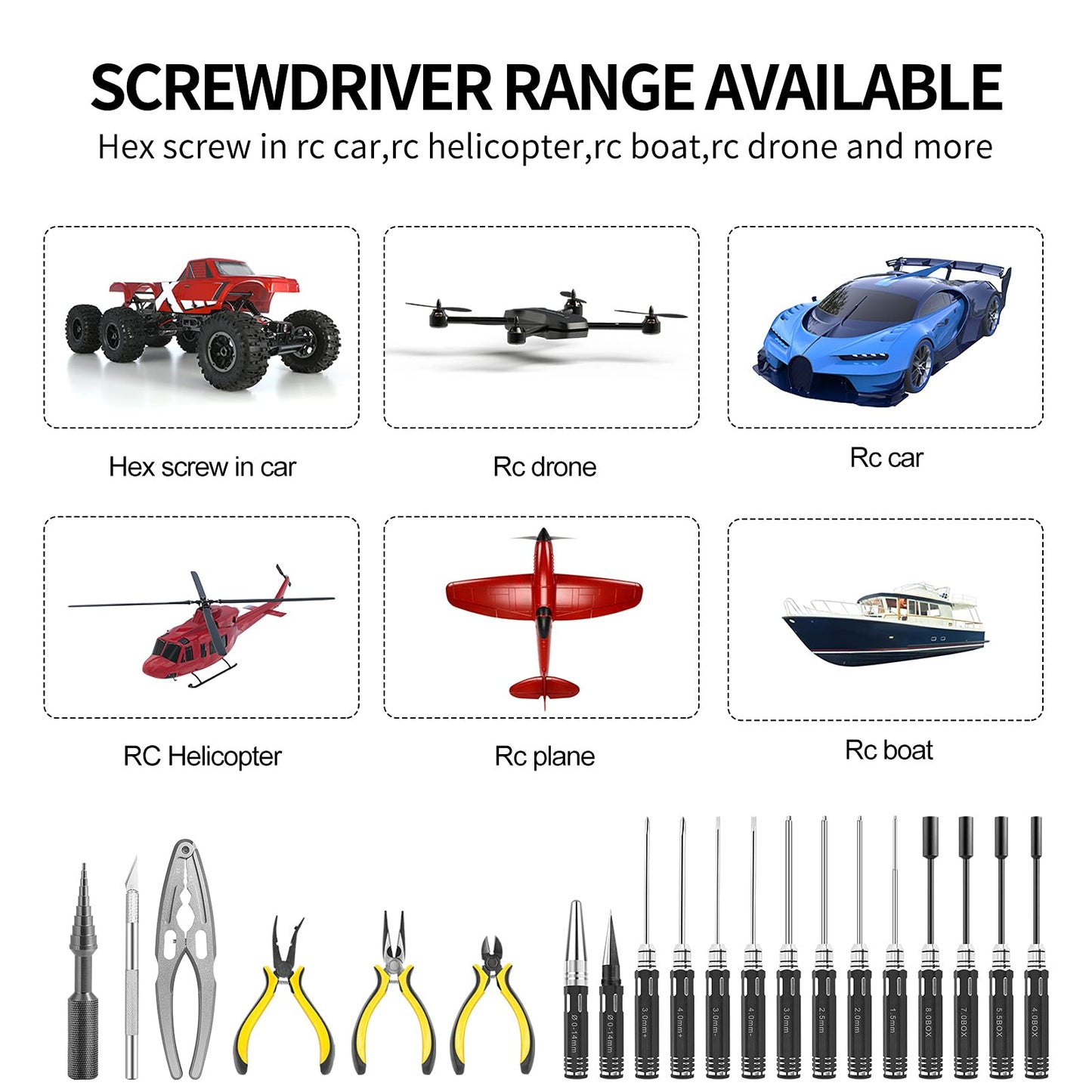 RC Station RC Tool Kit 26in1 RC Car Tool Kit Multi RC Tools Screwdriver Pliers Set Flat, Phillips, Hex, RC Car Tool Set Box for RC Car Drone 1/8 1/10 Traxxas Axial Arrma Redcat Losi RC Repair Tool Box