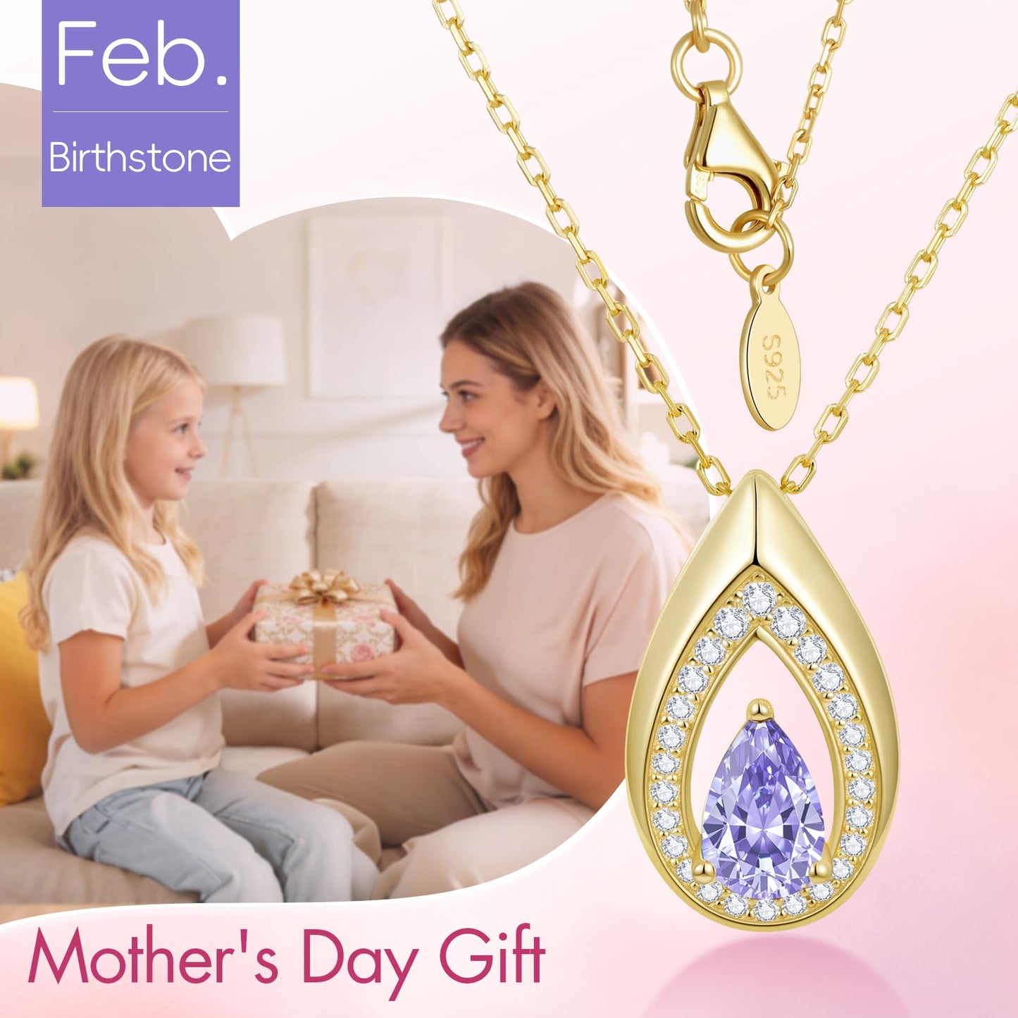 Kstyle 14k Gold Amethyst February Birthstone Pendant Necklaces for Women Valentine's Day Birthday Gift Anniversary Jewelry for Wife Daughter Grandma Mom Sister Non Tarnish