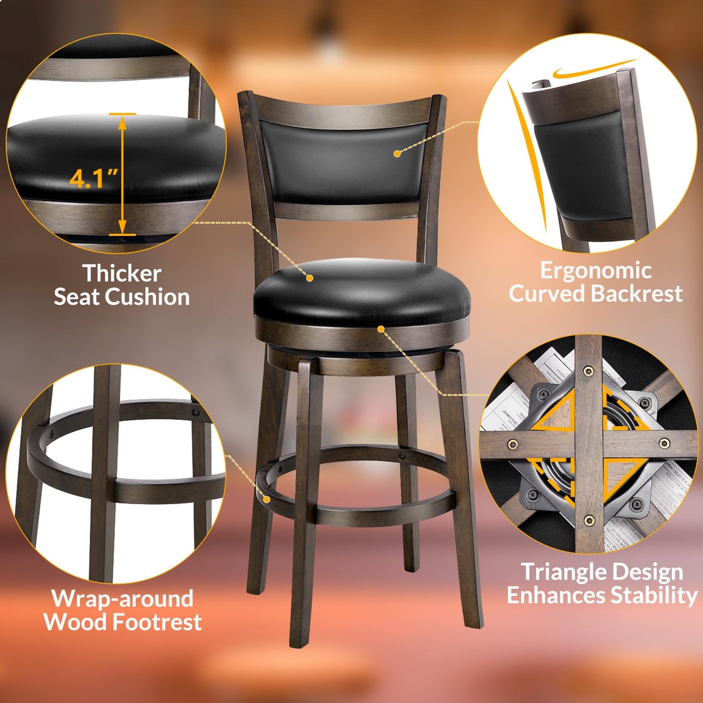 PrimeZone Swivel Bar Stools Set of 2, 24 Inch Counter Height Barstools, Black Faux Leather Bar Stool with High Backrest & Solid Wood Legs & Wrap-around Footrest, Counter Stools for Kitchen Island, Pub