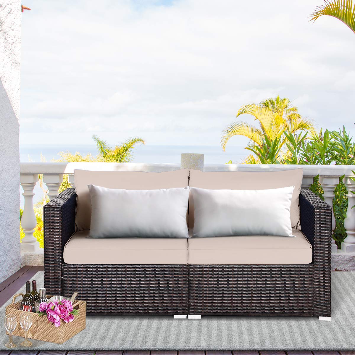Tangkula Wicker Loveseat 2 Piece, Patio Furniture Couch with Removable Cushions, Rattan Loveseat Sofa for Balcony, Deck, Garden and Poolside