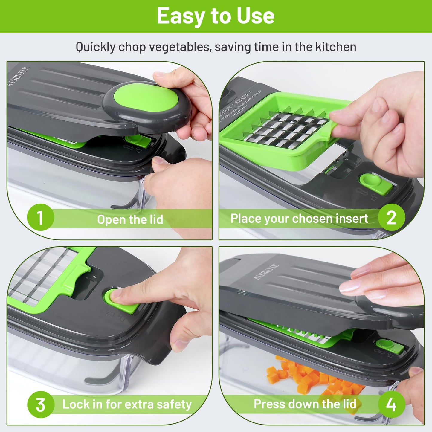 AISHUJIE Veggie Chopper 13 in1 Onion Chopper ·Vegetable Chopper with Container · Salad Chopper · Potato cutter – Gift for Home Cooks & Home Essentials (Grey & Green)