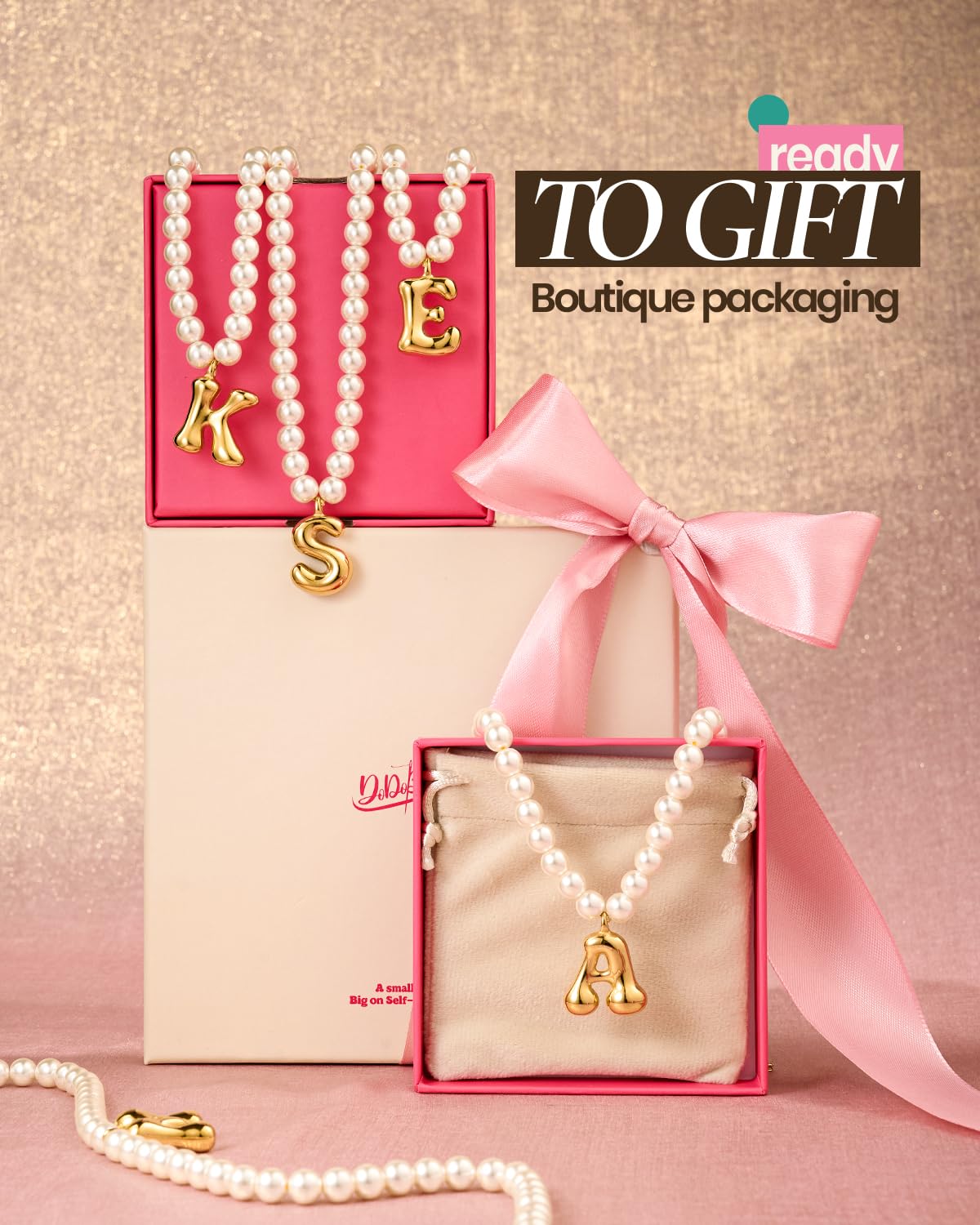 DoDoBeads Pearl Initial Necklace, 18K Gold Plated Stainless Steel Balloon Letter Pendant S, Non-Tarnish Waterproof Chunky Monogram Jewelry Gifts for Women Teens