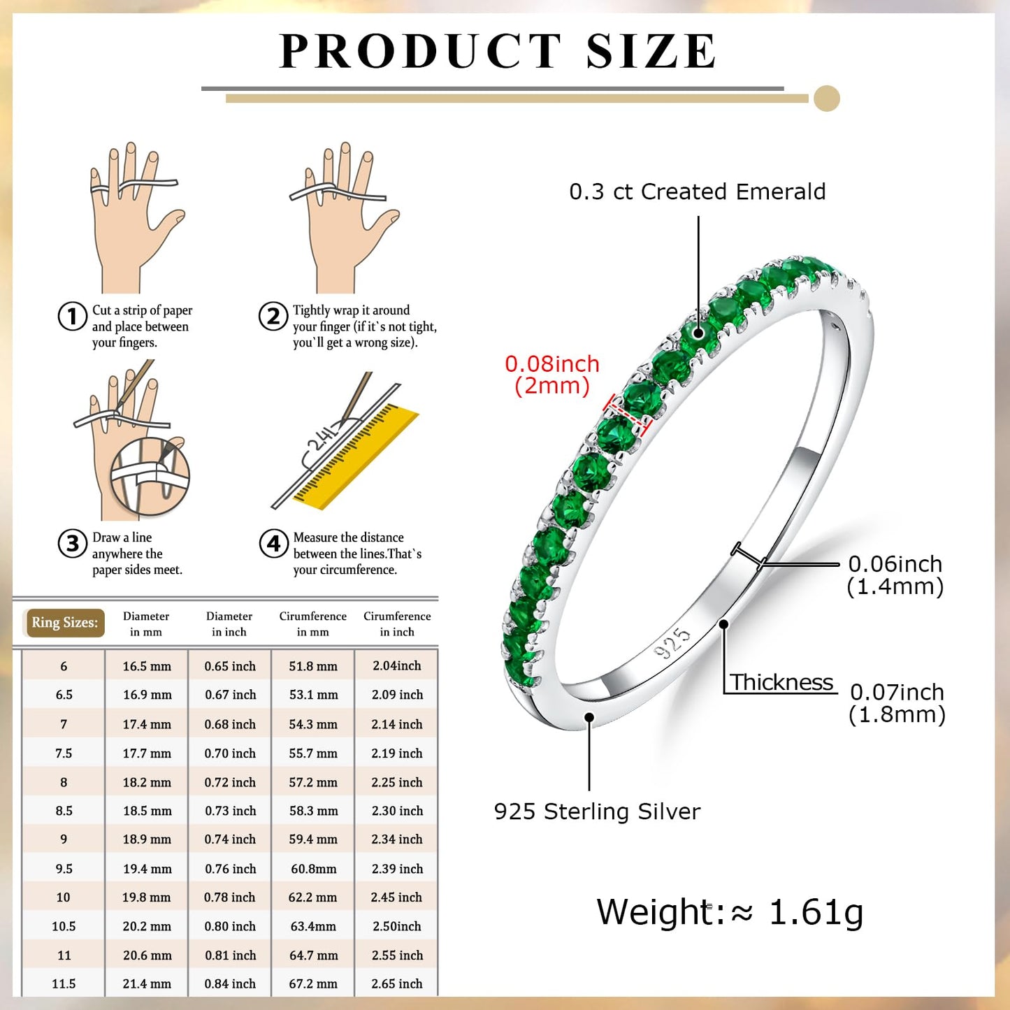 AGRULE Emerald Eternity Band Silver Wedding Rings Men Women Sterling Silver Created May Birthstone Rings 0.3 Carat Green Stone Stackable Cocktail Ring Size 6