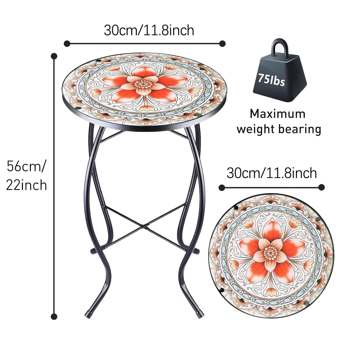 Arbuxzuy 12 Inch Small Outdoor Side Table with Pink Flower, Glass Mosaic Patio Table Indoor, Round Plant Coffee Table for Living Room, Balcony, Garden