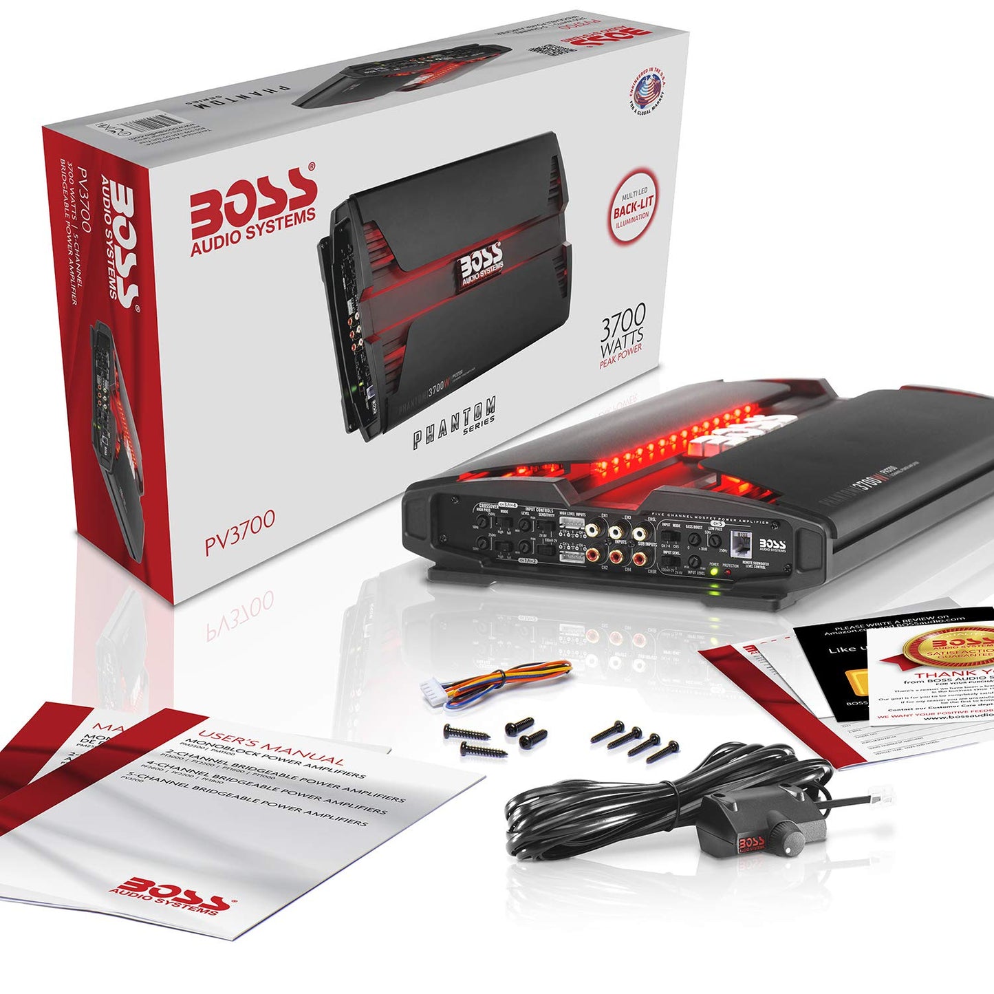 BOSS Audio Systems PV3700 5 Channel Car Stereo Amplifier – 3700 High Output, 5 Channel, 2/4 Ohm Stable, Low/High Level Inputs, High/Low Pass Crossover, Full Range, Bridgeable, for Subwoofer