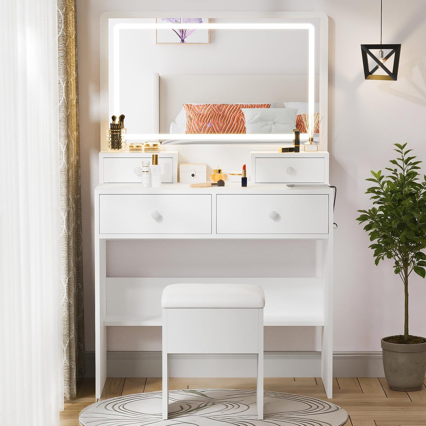 Haewon White Vanity Desk with Mirror and Power Outlet, Makeup Vanity with Adjustable Brightness and 3 Lighting Modes, Dressing Table Set with 4 Drawers, Storage Chair for Bedroom