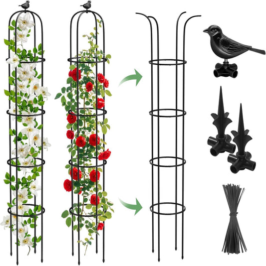2 Pack Garden Obelisk Trellis for Climbing Plants Outdoor, 6.2 FT Tomato Cage, Rose, Flowers, Grape, Pea, Cucumber Trellis, Rustproof Plastic Coated Metal Plant Support Trellis for Potted Plants