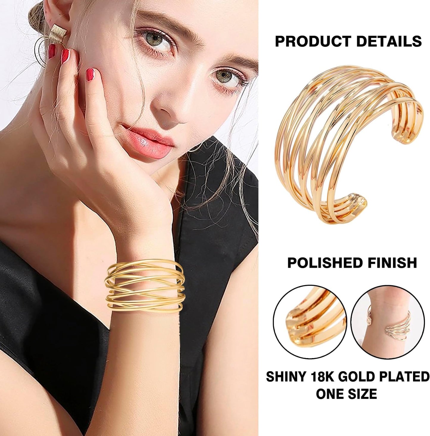 SELFWIMG Gold Cuff Bangle Bracelet for Women Trendy 18K Gold Plated Multi-layer Wire Warp Bangle Bracelet Wide Open Chunky Cuff Bracelets Boho Twisted Wrist Jewelry Gifts