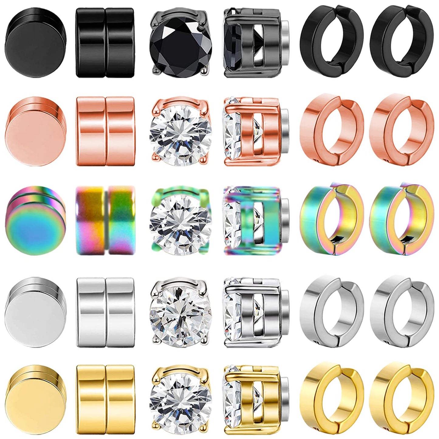 NEWITIN 15 Pairs Magnetic Stud Earrings for Men Clip on Earrings Stainless Steel Magnet Earring Unisex CZ Hoop Magnetic Stud Earring Set for Men Women