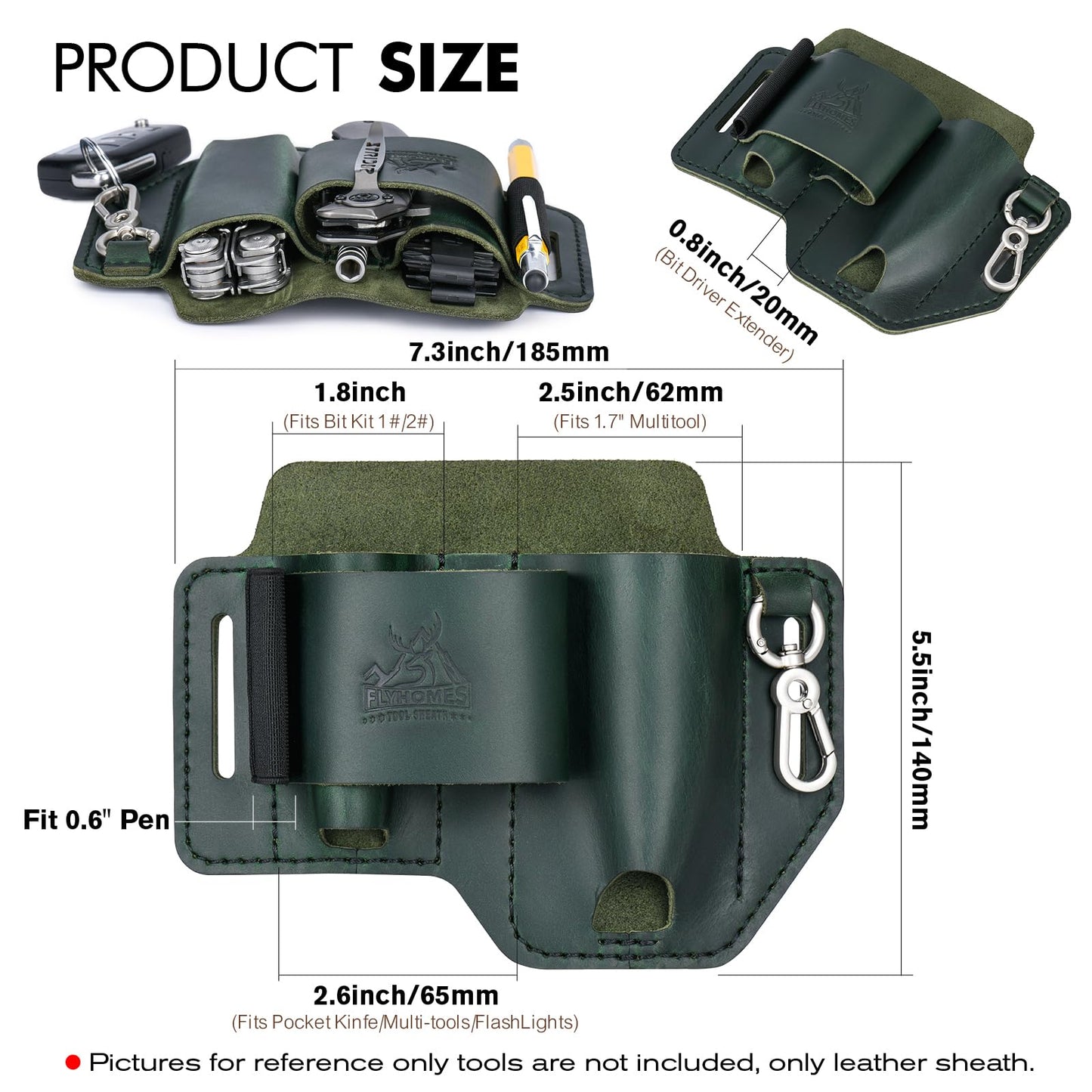 FLYHOMES Genuine Leather Multitool Sheath | Handmade Stitched Belt Organizer for Leatherman Surge | Holds Bit Kit & Extender | Flashlight Holster, Pen & EDC Tools Pouch | Dark Green