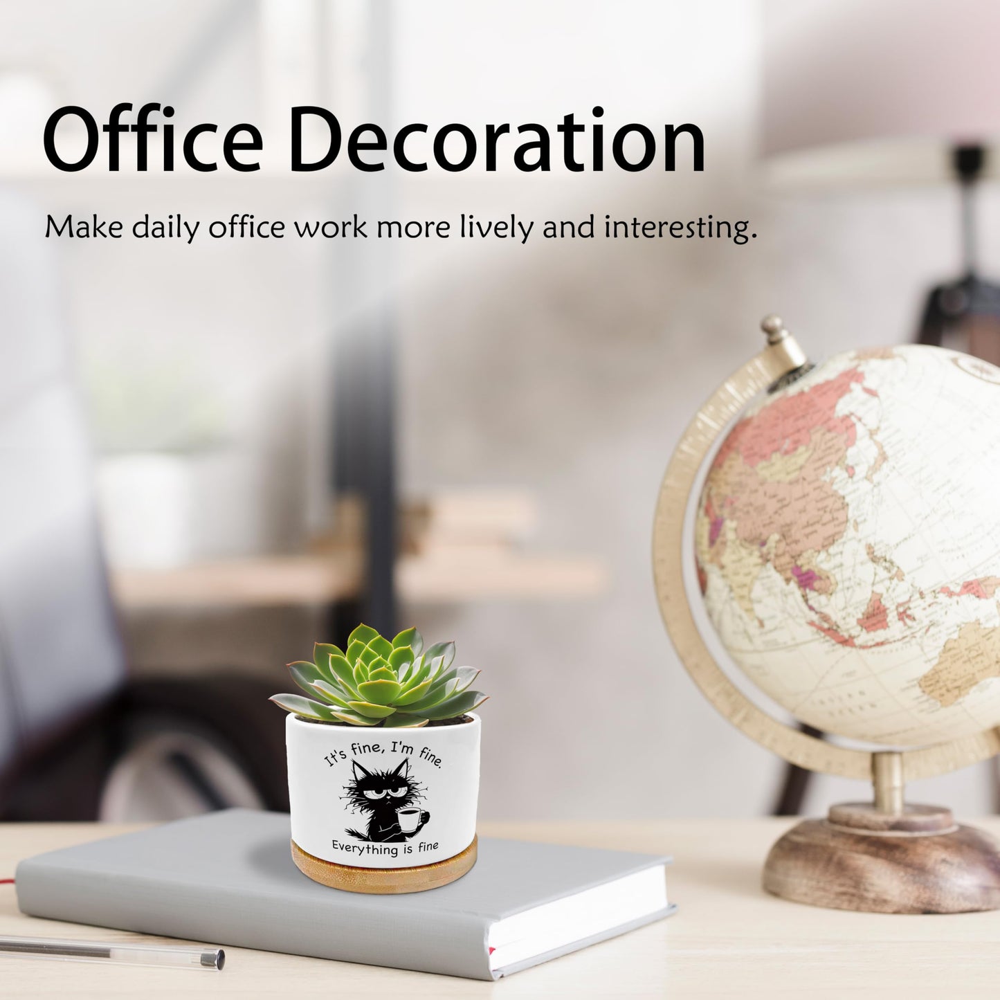 EVIHCG Funny Black Cat Planter Pots, Cat Lovers Gifts for Women Men, It's Fine I'm Fine Sarcastic Ceramic Succulent Plant Flower Planters for Home Office Desk Table Shelf(No Plants)