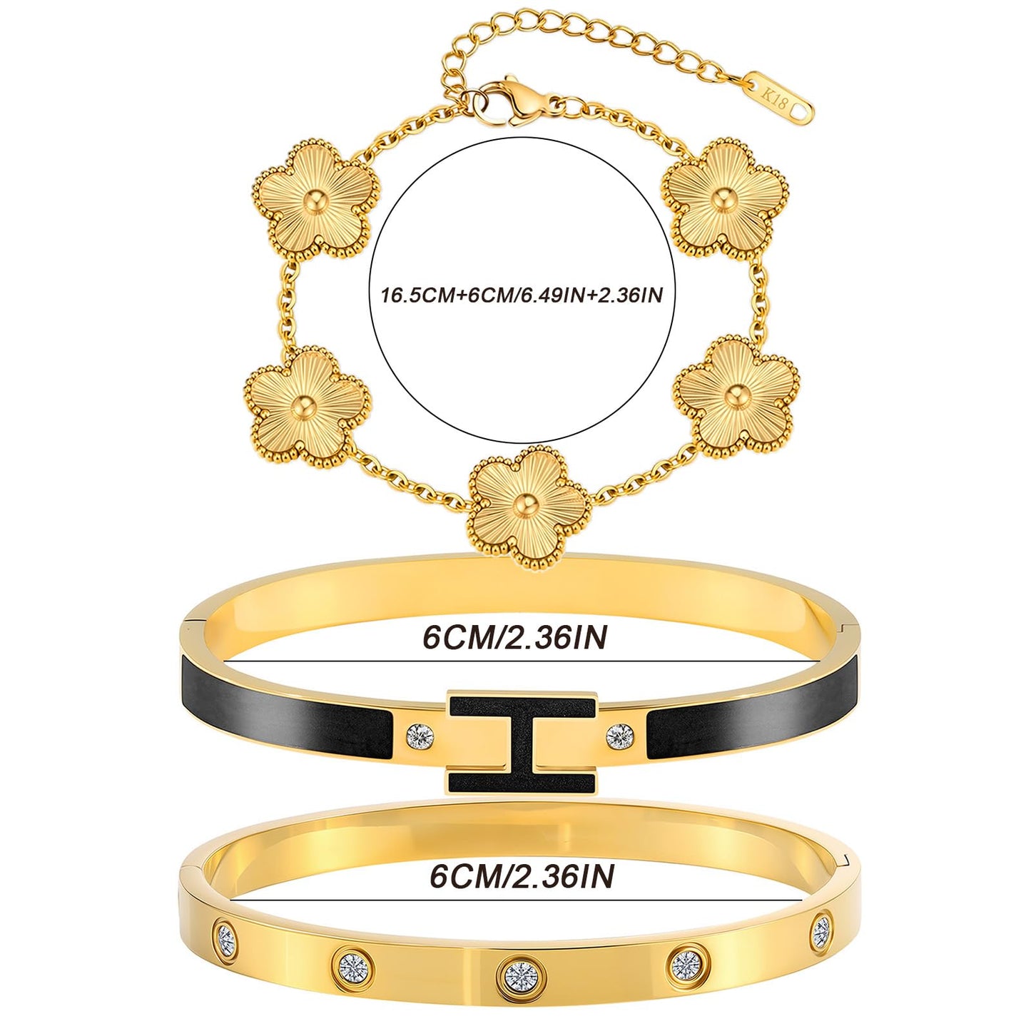 Camhanno Gold Clover Bracelets for Women - 18K Gold Plated Stainless Steel Dainty H Bangle Bracelets| Daily & Party Wear Jewelry, Easter Christmas Mothers Day Gifts
