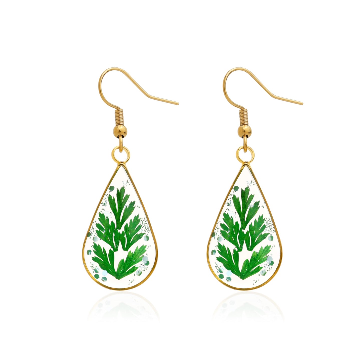 Jean Beau Handmade Pressed Leaf Earrings for Women, Unique Resin Green Dried Leaves Gold Plated Teardrop Dangle Drop Nature Floral Earings Fashion Summer Jewelry Gift