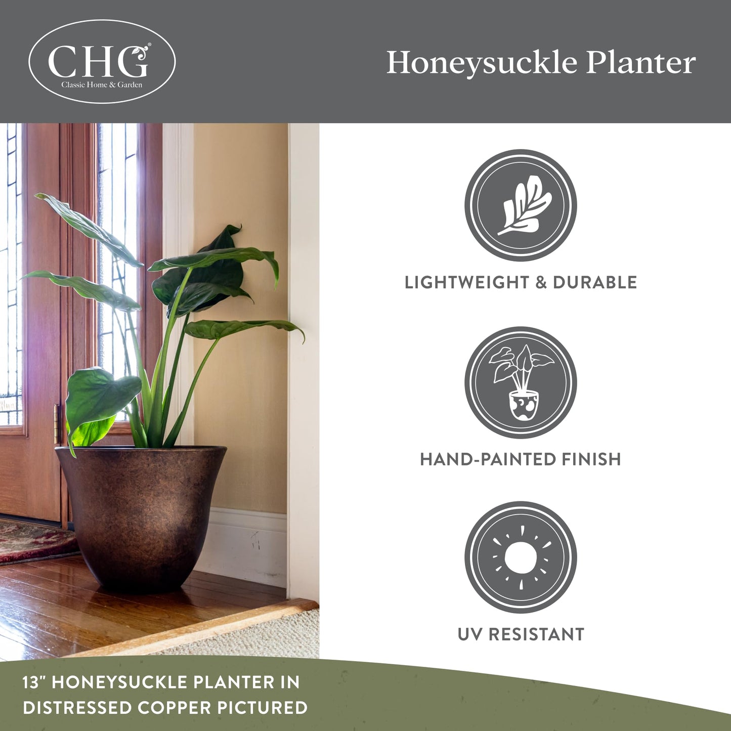 Classic Home and Garden by Growscape Honeysuckle Resin Planters - Lightweight Indoor & Outdoor Plant Pots - UV-Resistant Plastic Flower Pots - Pot Planters for Flowers & Herbs (13" Fossil)
