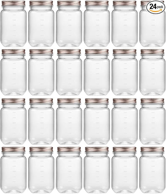 novelinks 16 oz Clear Plastic Jars with Lids, Refillable 16oz Mason Jars with Lids & Storage Containers for Kitchen & Household Use (24 Pack,Rose Gold)