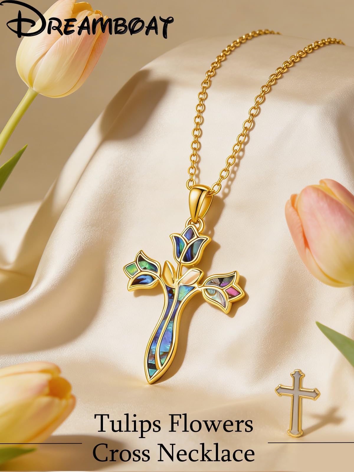 Dreamboat Cross Necklaces for Women Gold Plated Cross Pendant Sterling Silver Christian Necklace Tulip Rose Abalone Shell Faith Confirmation Gifts Religious Jewelry for Mom
