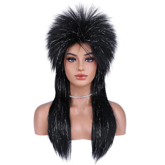 BERON Black Silver Rocking Wig Mullets for Women Wigs Black Silver Punk Rocker Wig Funny Wigs for Daily Party Cosplay