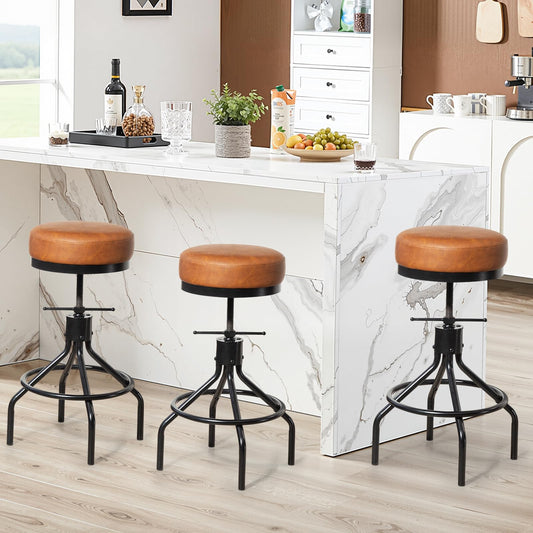 Adjustable Height Bar Stools Set of 3, Swivel Modern Industrial Barstools, Upholstered PU Leather Bar Chairs, Counter Height Stools 22-28 Inch for Kitchen Island, Dining Room (MY-D017-Brown-3)