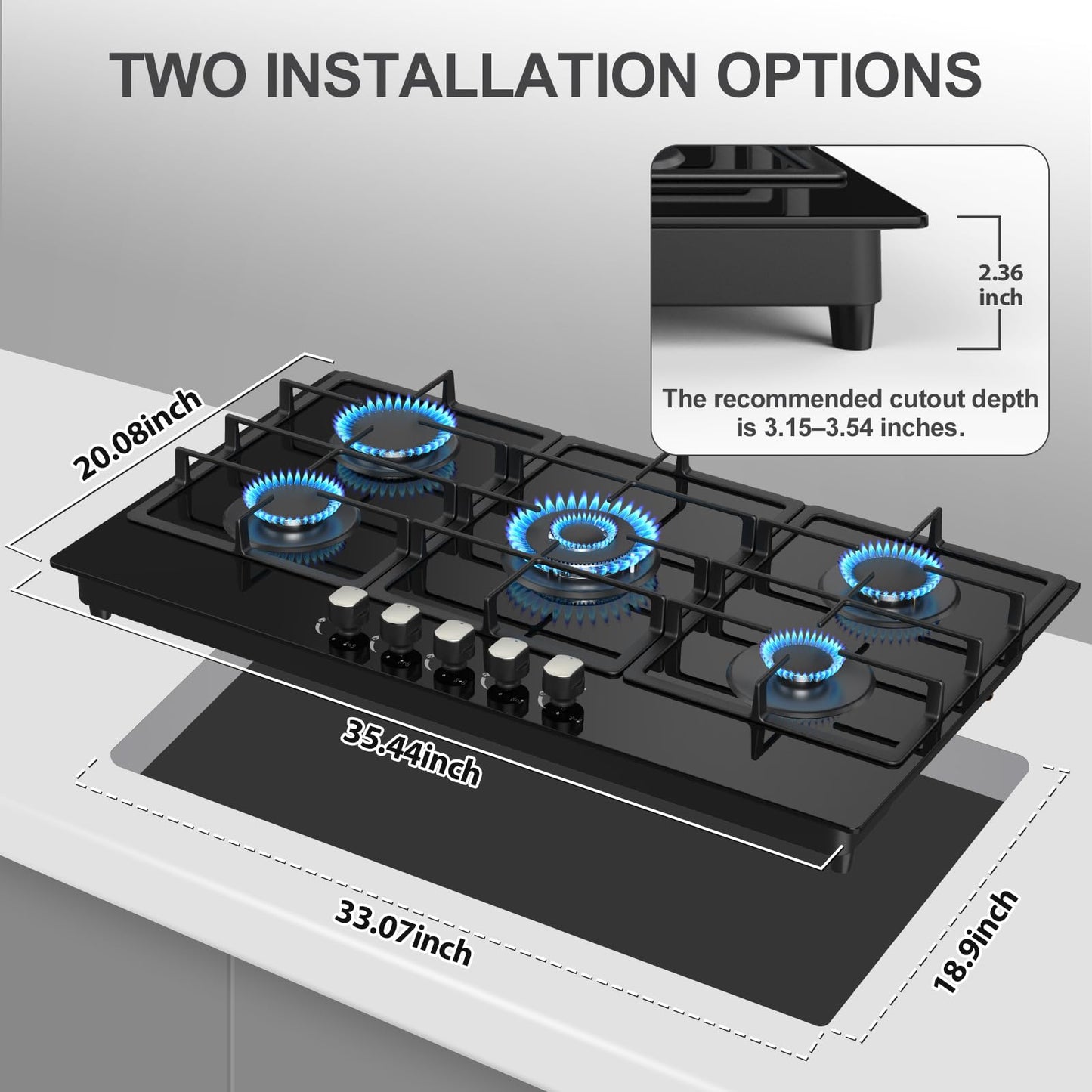 Nafewin 36 Inch Gas Cooktop Propane Stove, 5 Burner Built-in Gas Stove Top with Tempered Glass Panel, NG/LPG Dual Fuel Auto Ignition Propane Cooktop with Thermocouple Protection