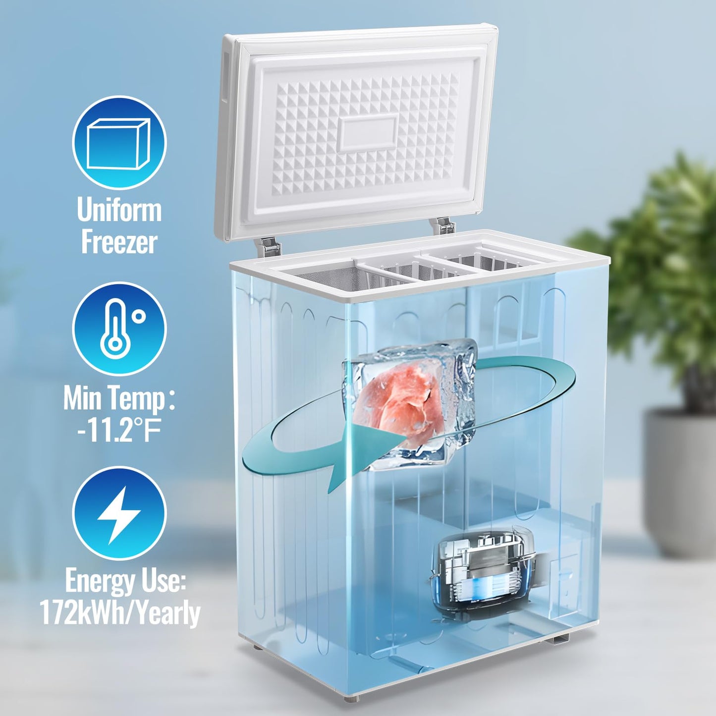 TACOOL Chest Freezr with Wheels Deep Freezer for Bulk Storage Top Open Door 2 Removable Baskets 7 Modes Temperature for Home Apartment Kitchen White