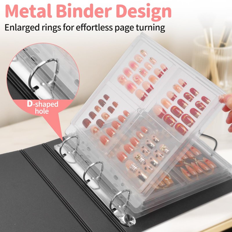 CGBE Press On Nail Organizer: Upgraded Dust & Crush-Resistant Protection, Removable D-Ring Binder Pages, Press On Nail Storage with Nail Tape